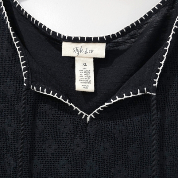 ✨️4/$20. Black White Bohemian Flowy Bell Sleeve Blouse, Embroidered Whipstitch - Picture 8 of 14